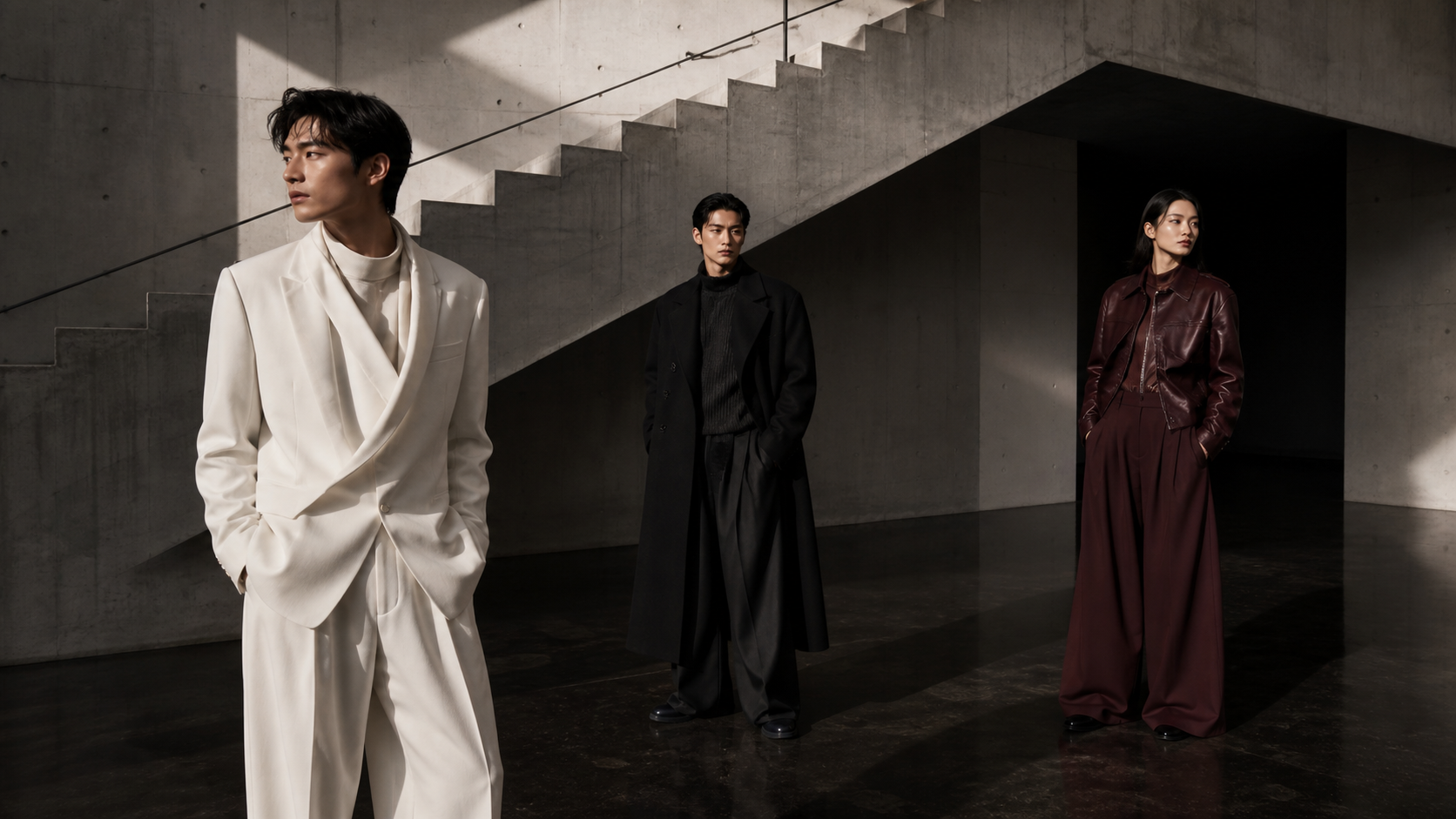 Asian models in a brutalist fashion campaign