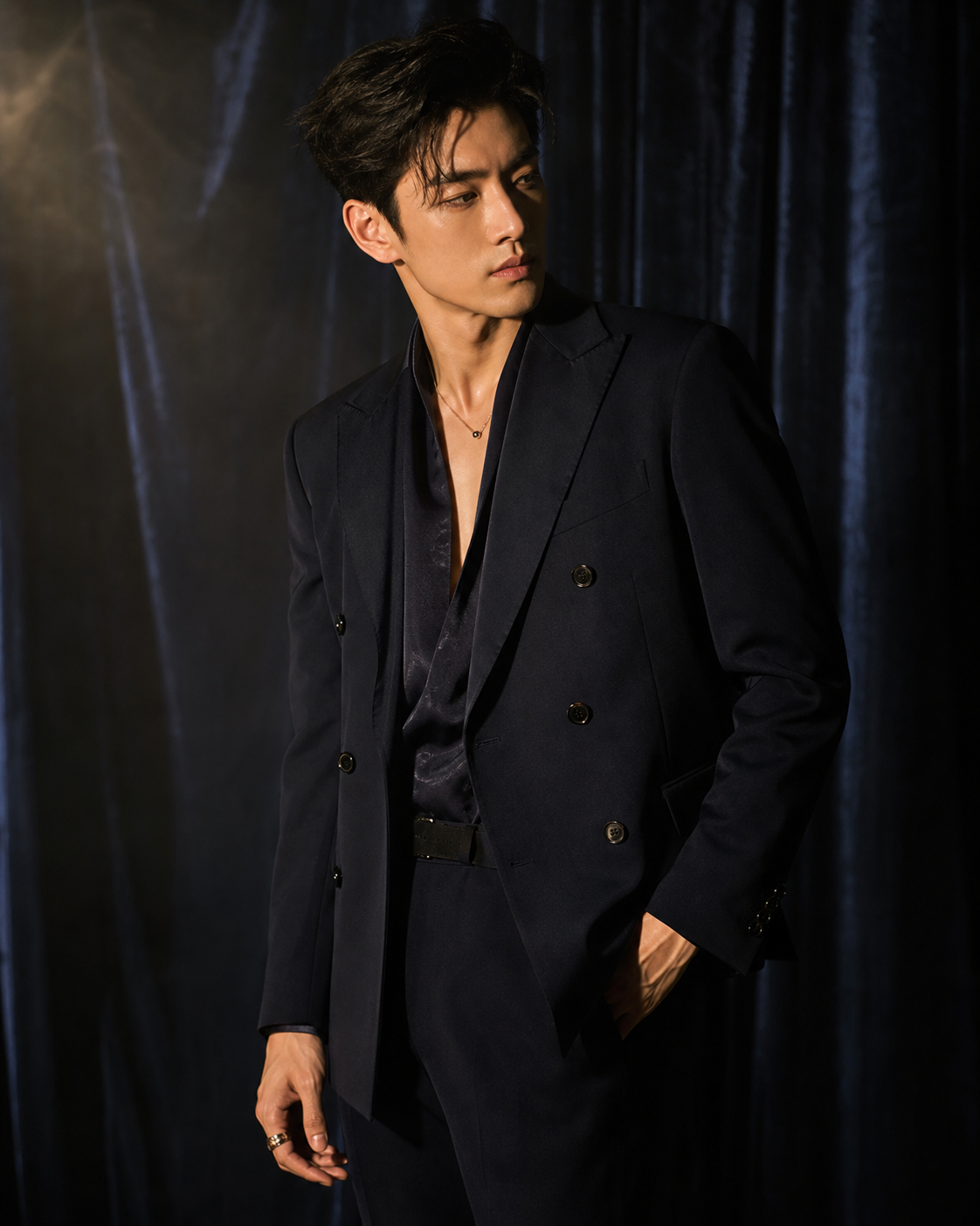 Asian male model in a midnight navy suit