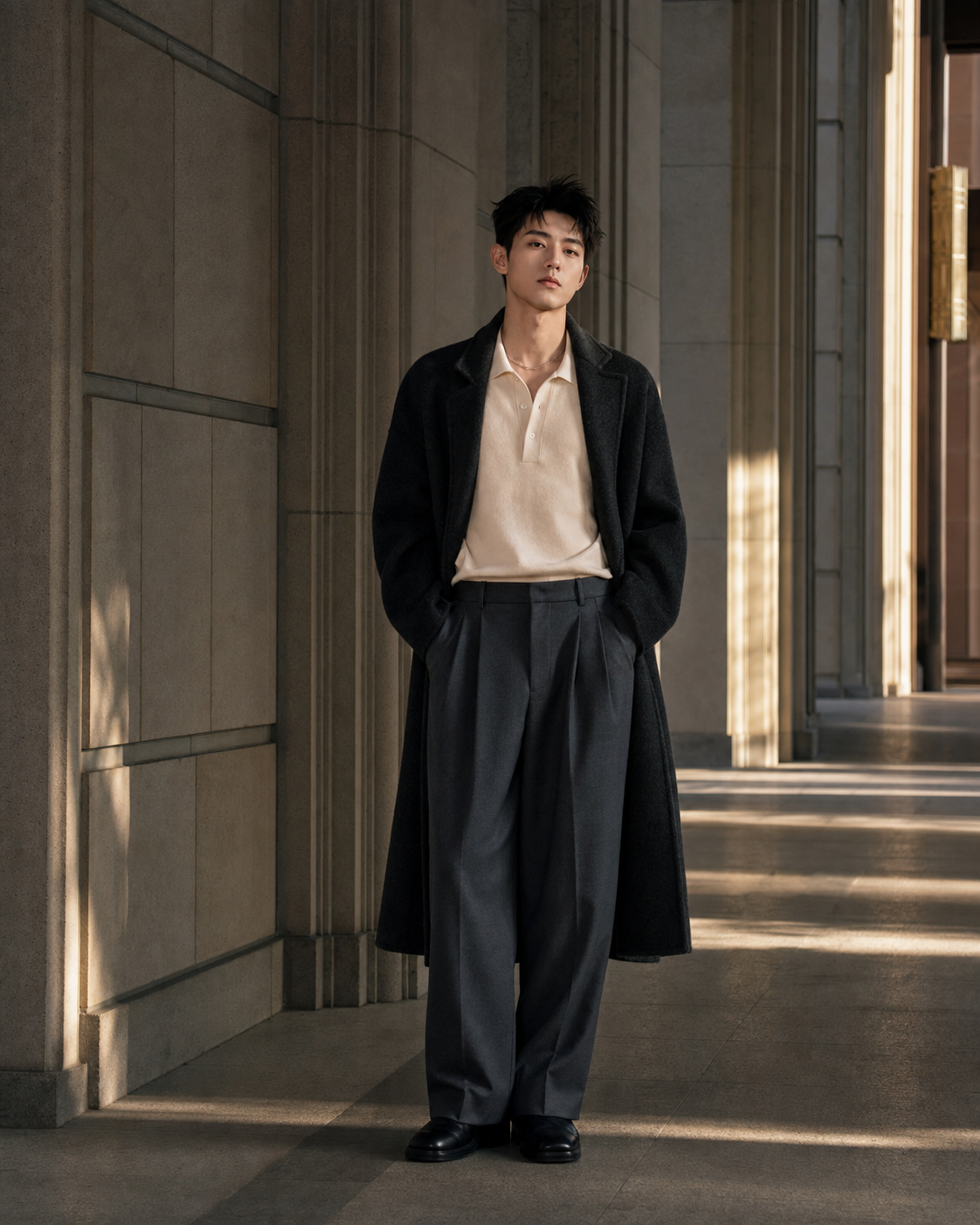 Asian male model in charcoal and ivory tailoring