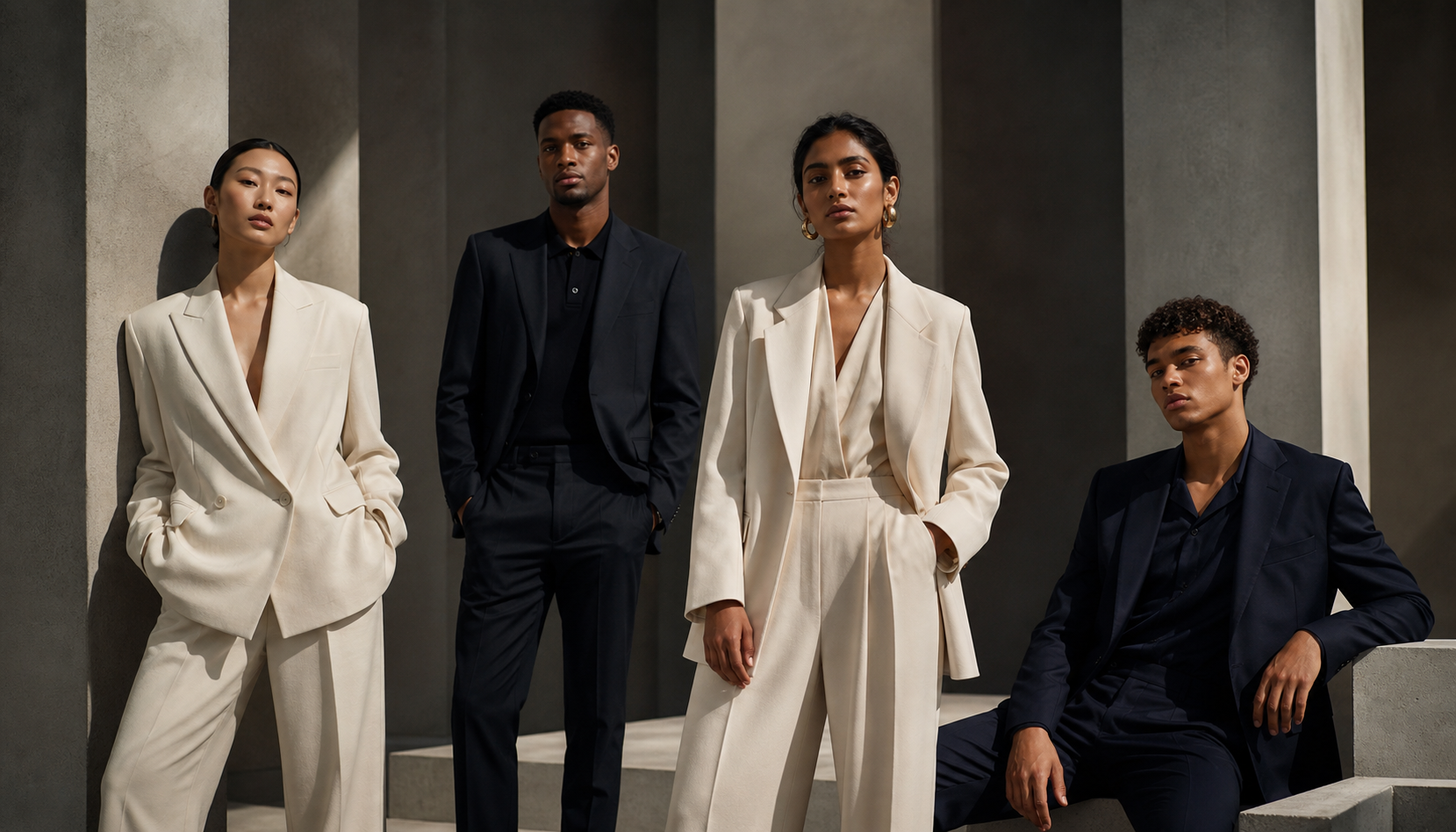 A diverse cast of adult models in contemporary tailoring